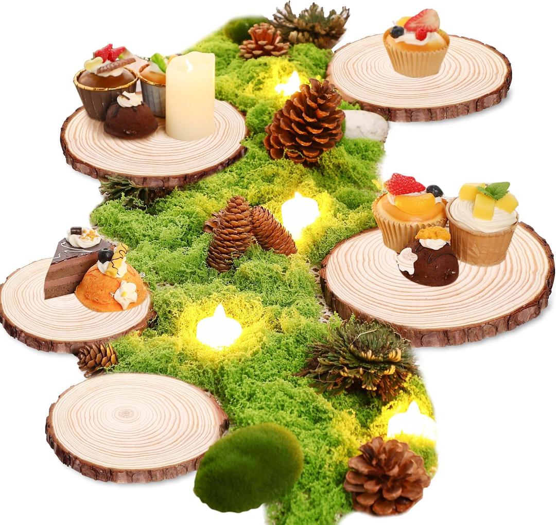 Nuanchu 7 Pack Wood Table Centerpieces with Rustic Wood Slices and Artificial Fake Green Moss for Wooden Fairy Wedding Woodland Table Decor Ideal DIY Crafts (4. 7-5. 5'')