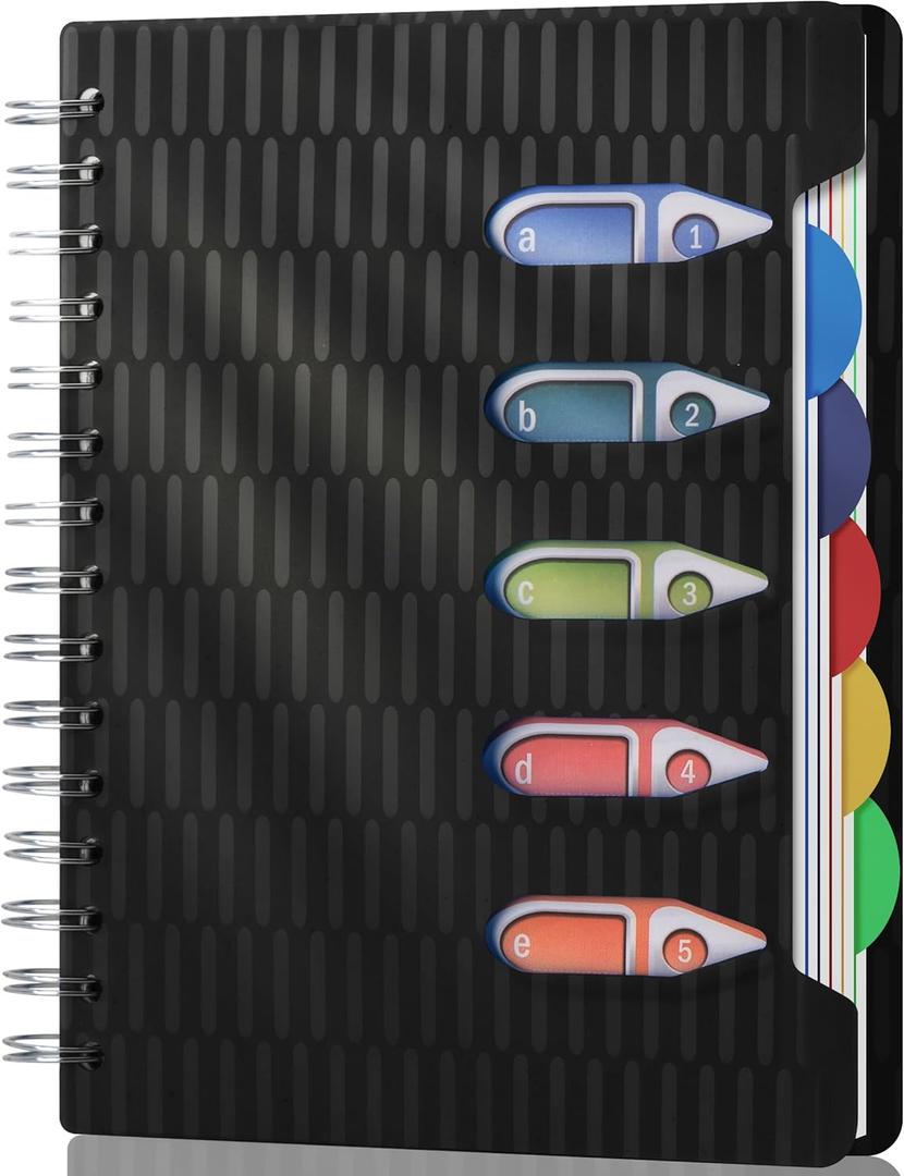 CAGIE 5 Subject Notebook with Dividers, 240 Pages Spiral Notebook 5x7, Small Spiral Notebook College Ruled,100gsm Lined Journal Notebooks with Tabs for Work, School,Office, Note Taking, Black