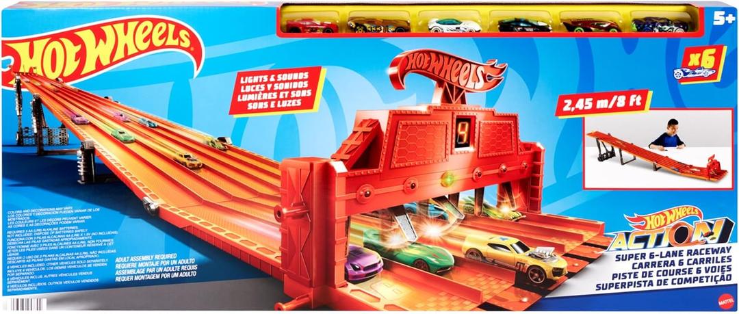 Hot Wheels Toy Car Playset with Lights, Sounds & 6 1:64 Scale Vehicles, Super 6-Lane Raceway, 8-foot Track that Rolls Up for Storage 