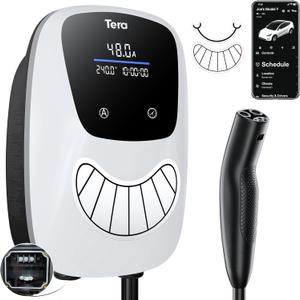 Tera Electric Vehicle Charger Tesla: ETL Certified Level 2 48 Amp 240 Volt DIY Stickers Home EVSE with Manual Setting Amps Schedule on Unit NEMA 14-50 25 FT Cable W02 (White)