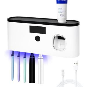Punch-Free Wall Mounted Bathroom Toothbrush Holder, 5 Toothbrush Slots, Bathroom Toothbrush Sterilizer with Toothpaste Dispenser USB Charging Toothbrush Holder (White)