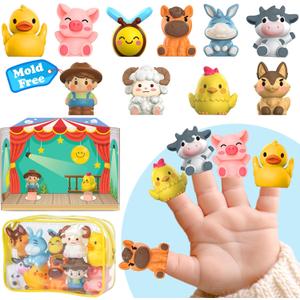 Oriate Animal Farm Finger Puppets, Bath Toys for Kids with Storage Bags, Toddler Toys for Story Time Stuffer with Puppet Theater, Educational Travel Kit Party Favors 12m+ 10Pcs