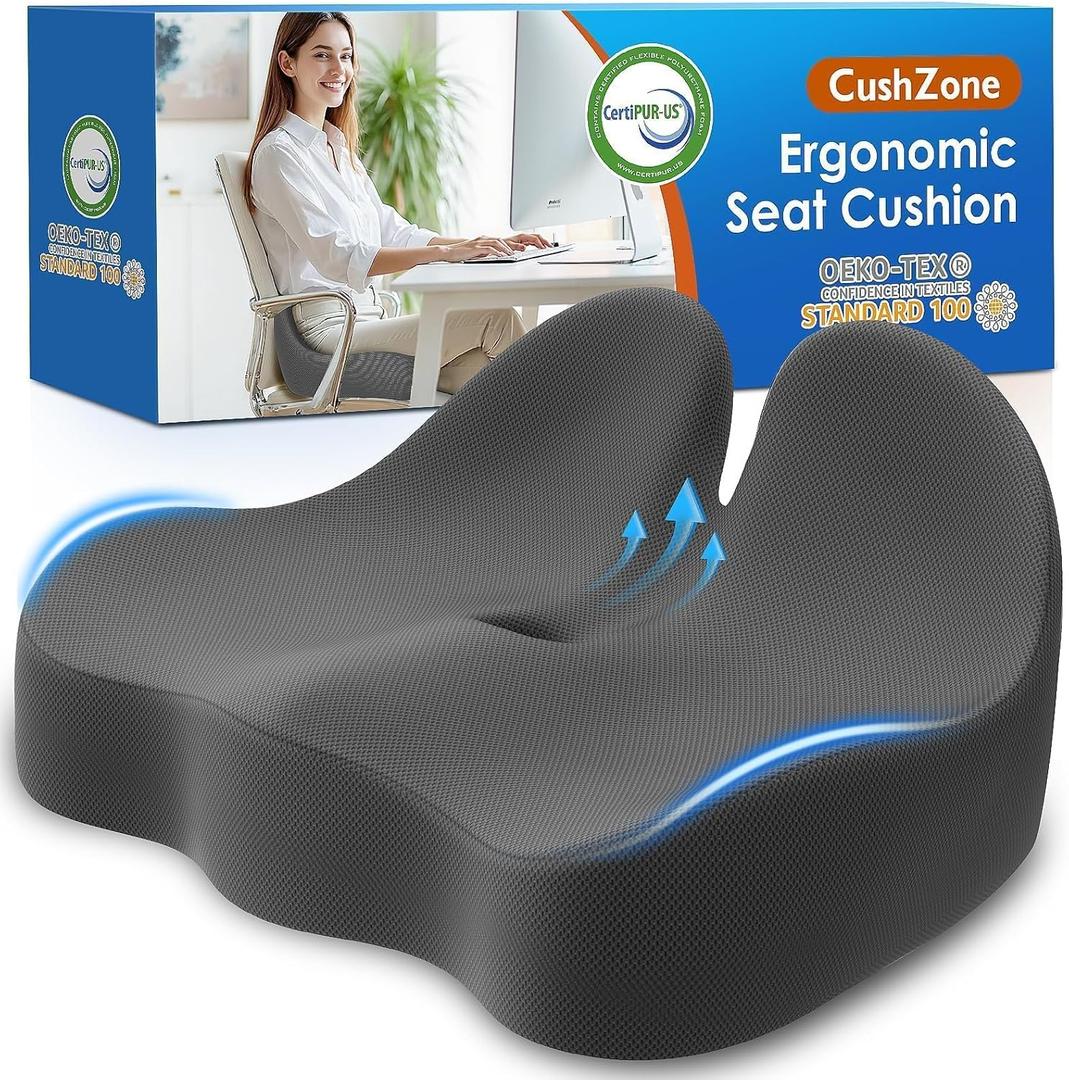 Seat Cushion, Memory Foam Office Chair Cushions, Ergonomic Curved Design for Sciatica, Tailbone, Coccyx, Seat Support for Car, Desk Chair, Wheelchair, Enhances Long Sitting Comfort (Grey) (Gray)