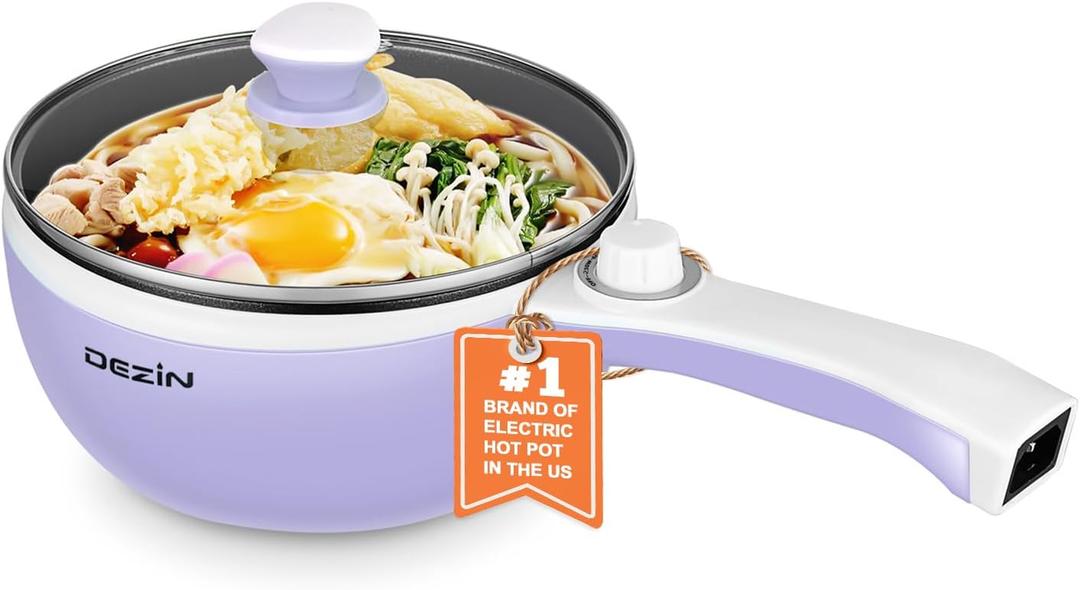 Dezin Hot Pot Electric Upgraded, Non-Stick Saut Pan, Rapid Noodles Electric Pot, 1.5L Mini Portable Hot Pot for Steak, Egg, Fried Rice, Ramen, Oatmeal, Soup with Power Adjustment (1.5L(Without Steamer), Purple)