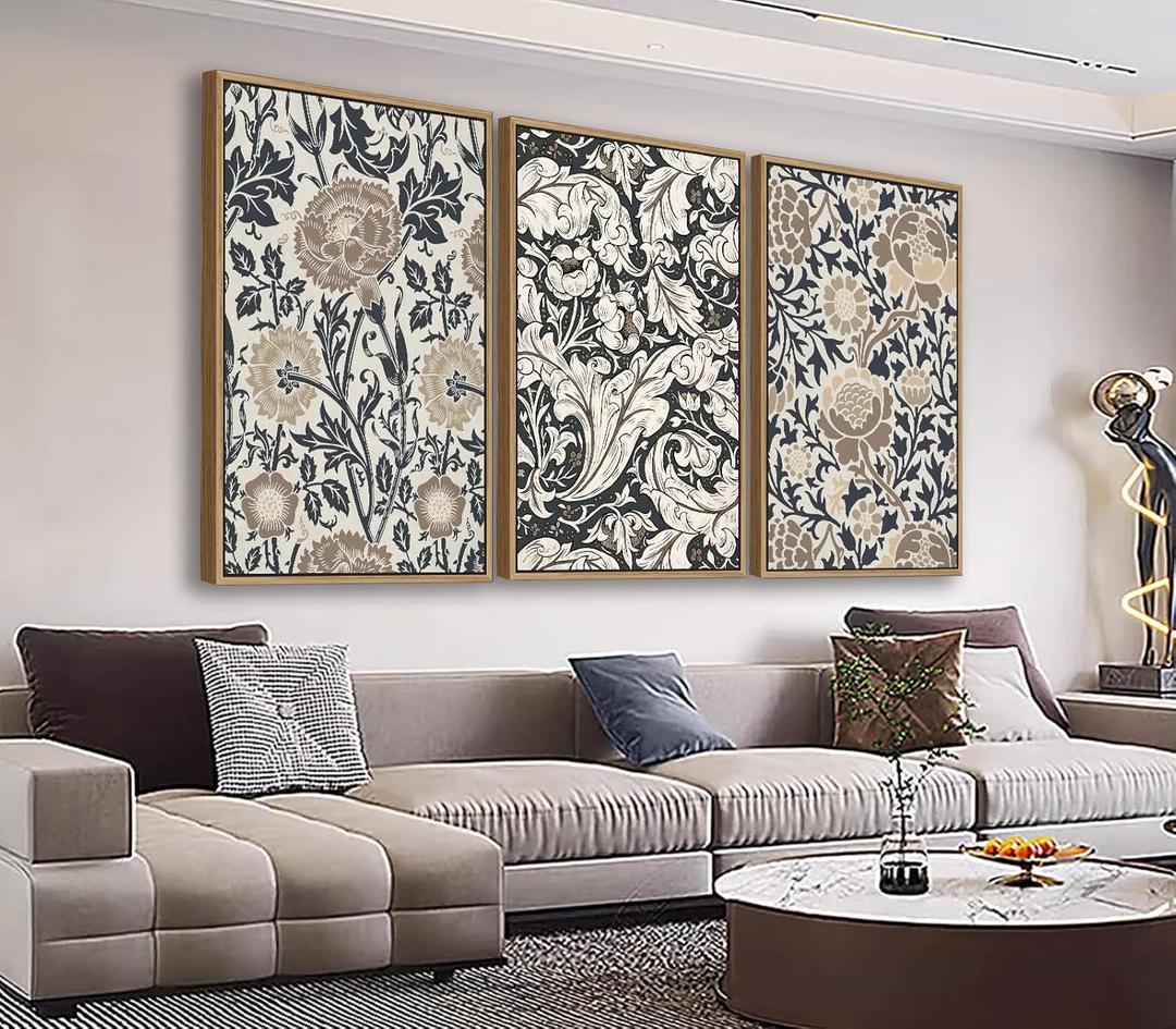 Large Flowers Wall Art for Living Room Natural Wood Float Framed Art Set of 3 William Morris Floral Canvas Pictures Vintage Artwork Botanical Canvas Poster Prints for Bedroom Wall Decor 20"X28"X3 (Brown)