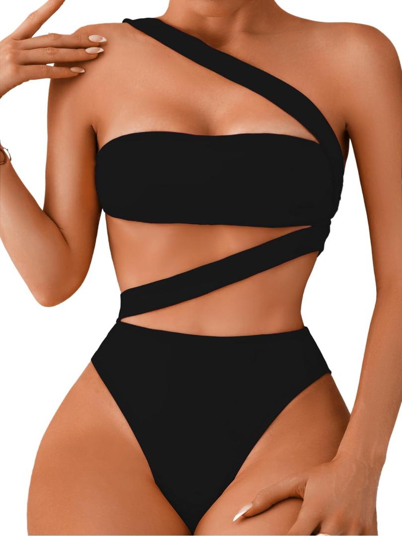 One Piece Swimsuit, Sexy Strappy Monokini, Size Runs Small (0-2, Black)