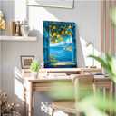 Vibrant vintage window canvas painting frame lemon tree branches with yellow fruits turquoise ocean waves white village red roofs in the distance scattered clouds coastal scenery tranquil home decor