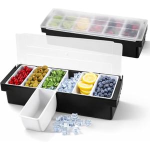 2PCS Ice Cooled Serving Tray Black – Chilled Garnish Cooler with Lid for Fruit Veggie Salad Bar Ice Station Plastic Serving Container Chilled Tray for Home Restaurant Container (6 Compartment x 2)