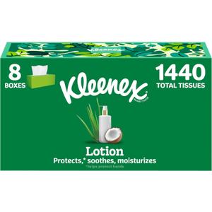Kleenex Lotion Facial Tissues with Coconut Oil, 8 Flat Boxes, 180 Tissues Per Box, 3-Ply