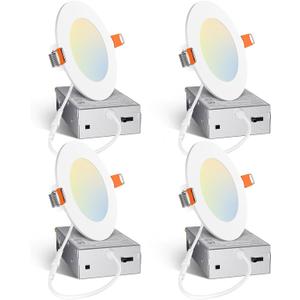 Amico 4 Pack 4 Inch 5CCT Ultra-Thin LED Recessed Ceiling Light with Junction Box, 2700K/3000K/3500K/4000K/5000K Selectable, 10W Eqv 60W 800LM Brightness Dimmable Canless Wafer Downlight, ETL & FCC (White)
