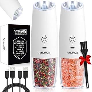 AmuseWit Gravity Electric Salt and Pepper Grinder Set [White Light] USB Rechargeable Automatic Pepper and Salt Mills,Adjustable Coarseness,One-Handed Operation, White