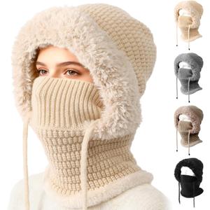 3 in 1 Beanie Hat for Women,3 in 1 Beanie Hat with Scarf and Mask,Knitted Ski Scarf and Mask Set,Womens Knit Beanie Hats (Beige)