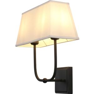 PERMO Transitional Double Sconce Indoor 2 Lights Sconces Black Wall Lighting with White Textile Fabric Square Shade Wall Sconces for Bedroom Bedside Living Room