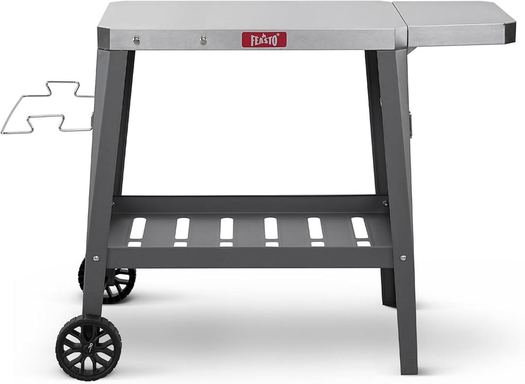 Outdoor Grill Cart, Pizza Oven Table with Wheels, Stainless Steel Countertop with Foldable Extension Table, Versatile Food Prep Grill Cart for Outdoor BBQ Cooking Gathering (Black)