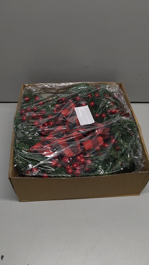 Zhemobang Real Touch Norfolk Pine Christmas Wreath 24IN Soft, Lifelike Artificial Pine Wreath for Indoor & Outdoor Holiday Decoration, Durable and Reusable for Front Door, Wall, and Fireplace (Red Berry)