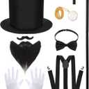 8 Pcs Abe Cosplay Accessories - Gentlemen Costume 1920s Gatsby Men Accessories: Tall Hat, Fake Beard, Bow Tie, Scepter, Magnifying Glass, Necklace, Gloves