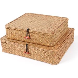Moosky Flat Wicker Shelf Baskets with Lid, Seagrass Woven Basket Boxes for Storage Basket Bins Multipurpose Home Decor Organizer (Natural Set of 2)