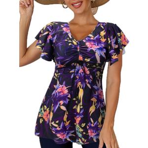 Fanuerg Women's Flowy Tankini Top Only Ruffle Sleeve Swim Bathing Suit Tops Modest Drawstring Swimsuit Top No Bottom (3X-Large, Purple Floral)