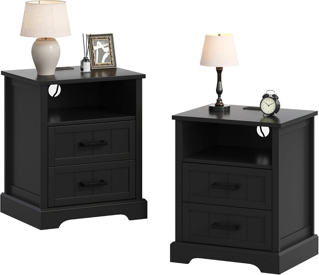 ChooChoo Farmhouse Night Stands with Charging Station, Wood Nightstand Set of 2 with 2 Drawers, Bedside Table with Open Storage Shelf for Bedroom, Black, 19.7 inches x 15.7 inches x 23.6 inches