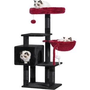 Heybly Cat Tree with Toy, Cat Tower Condo for Indoor Cats, Cat House with Padded Plush Perch, Cozy Hammock and Sisal Scratching Posts, Black and Red HCT004SBR (43.3 inch)