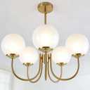 5-Light Mid Century Modern Chandelier, Gold Vintage Milk Glass Globe Chandelier, Brushed Brass Sputnik Chandeliers for Dining Room Kitchen Island, Entryway, Bedroom, Height Adjustable