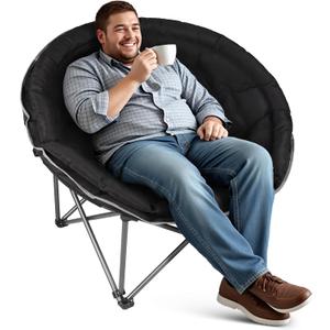 Oversized XXL Folding Round Camping Chair,Super Comfy Padded Moon Camp Chairs,Heavy Duty Supports 400 Lbs Outdoor Lawn Chairs for Adults,Perfect for Indoor,Family Camping,Picnics and Garden,Black