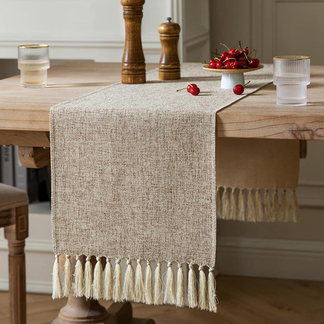 ZeeMart Beige Table Runners 108 Inches Long, Burlap Linen Style Rustic Farmhouse Table Runner, Long Boho Dining Table Runner, 13x108 Inches, Oatmeal Beige