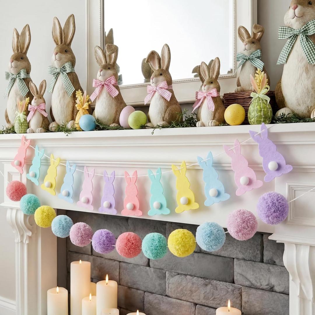 Reallnaive 2 Pcs Pastel Felt Easter Garland for Mantle, 6.6 ft Easter Bunny Banner Decorations Yarn Pom Pom Ball Hanging Banner for Indoor Outdoor Mantle Garden Home Decor