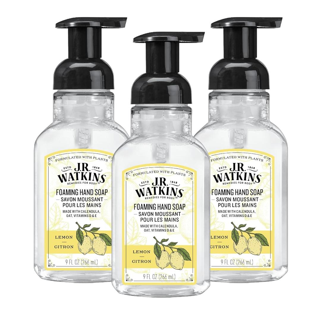 J.R. Watkins Foaming Hand Soap with Pump Dispenser, Moisturizing Foam Hand Wash, Alcohol-Free, Cruelty-Free, Lemon, 9 fl oz, 3 Pack