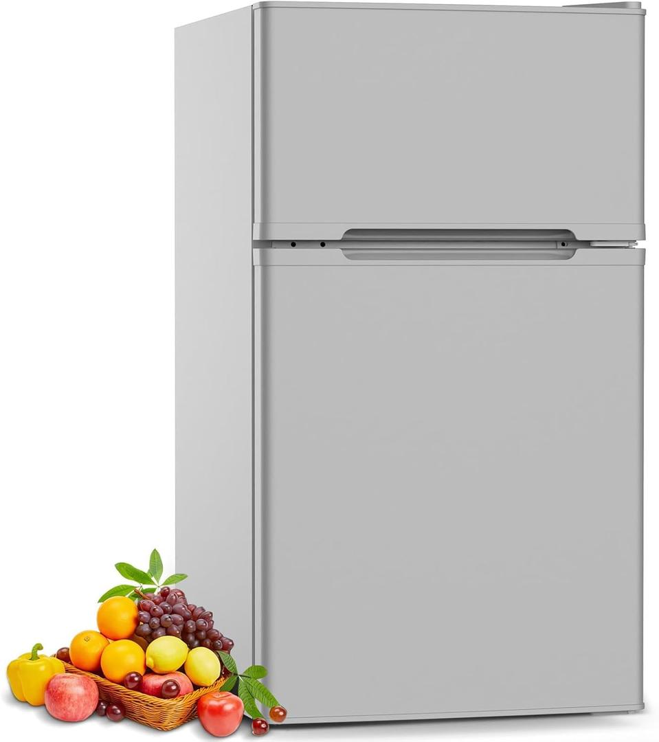 COWSAR 3.2 Cu.Ft Fridge with Freezer, Double Door Compact Fridge for Bedroom, Adjustable Thermostat, Energy-efficient Low Noise Small Refrigerator For Dorm, Office, Bar, RV, Bedroom,Commercial (Grey)