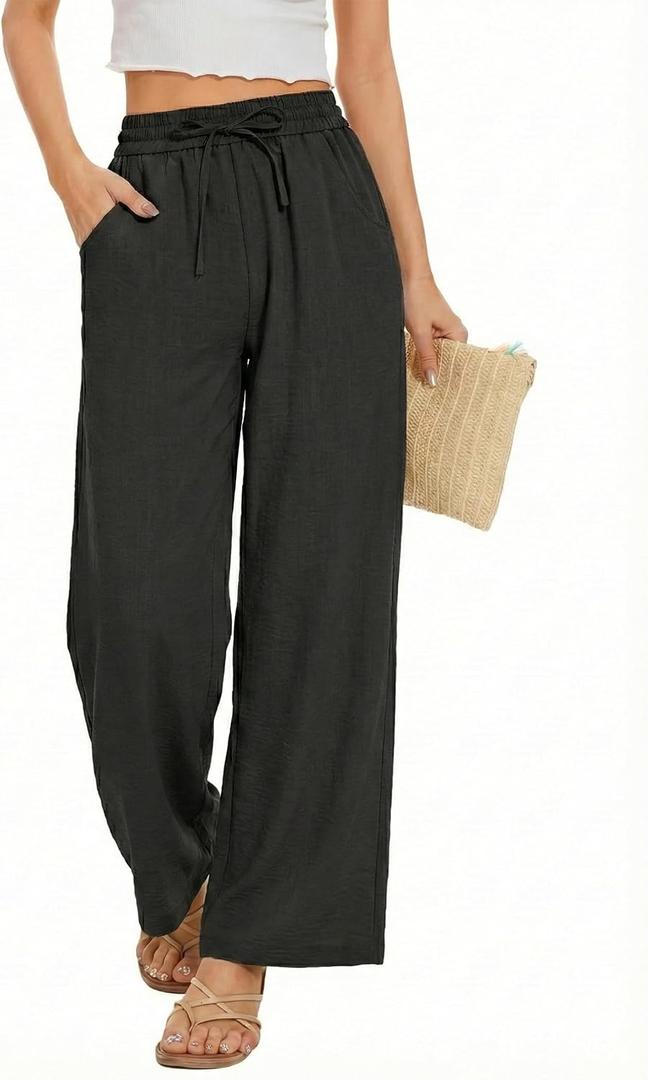 Black Linen Wide Leg Pants for Women, Beach Cover Up Palazzo Pant with Pocket, Summer High Waisted Pant Travel (Black, XL)