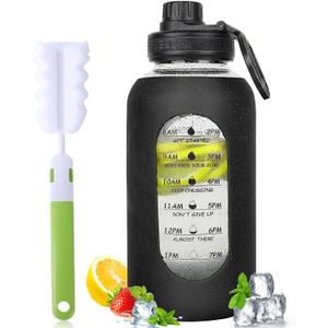 40oz Glass Water Bottle with Handle Lid Time Marker Motivational Sport Water Jug with Silicone Sleeve Water Flask Canteen Wide Mouth Water Bottle for Gym Workout Travel Office Home Everyday Hydration