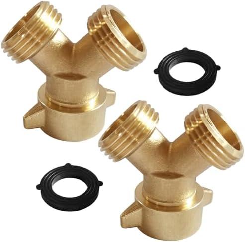 Joywayus Brass 3/4" GHT Garden Hose Splitter Body Backyard 2 Way Y Shaped Swivel Connector Threaded Pipe Fitting Coupler Adapter with Washer (Pack of 2)