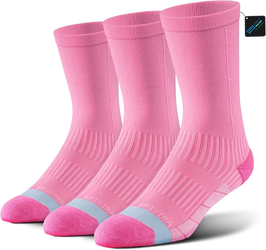 BRISIRA Coolmax Bamboo Viscose Compression Running Crew Socks Women Moisture-Wicking Anti-Blister Cooling Athletic Mid Calf (8-10, 3 Pairs Pink)