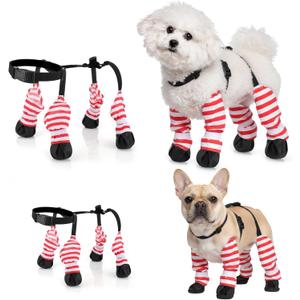 1 Pcs Dog Suspender Boots for Small Medium Dogs Waterproof Dog Rain Boots Adjustable Anti-Slip Paw Protectors Leggings Shoes for Outdoor Winter Snow Rain Walking (Red and White Stripe,L)