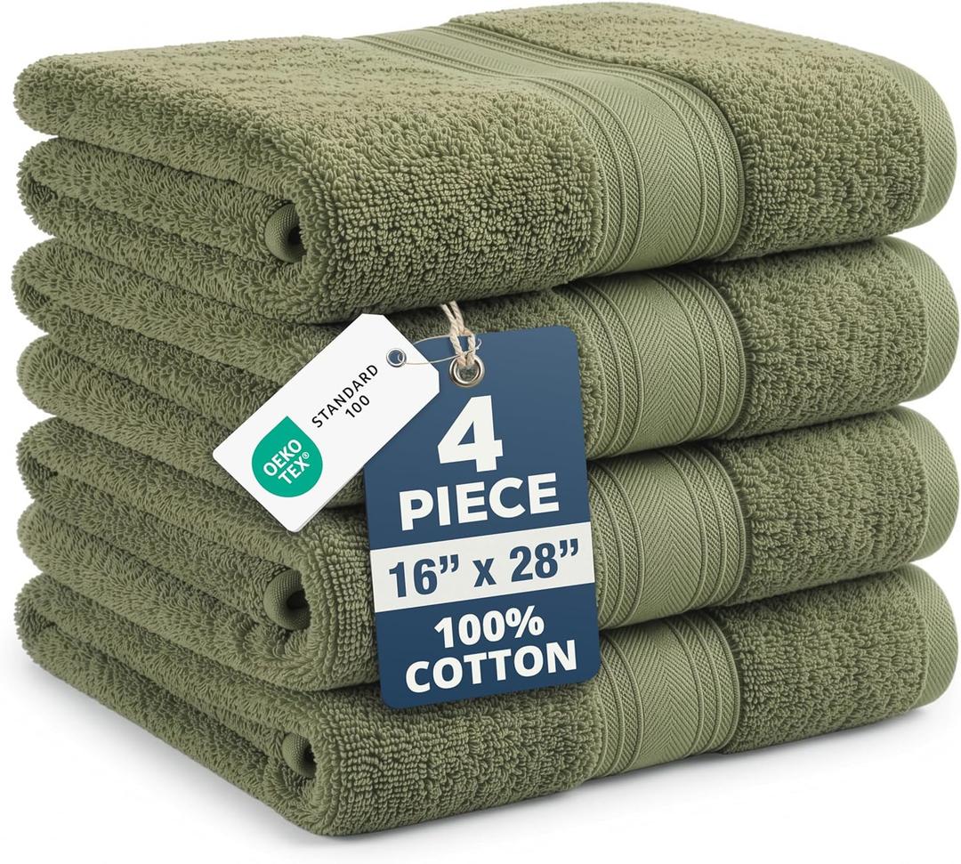 LANE LINEN Bath Hand Towels for Bathroom - 4 Pack (16" x 28"), 100% Cotton Hand & Face Towels Set - Soft, Prevent Fraying & Machine Washable - Everyday Family Towel, Gets Softer Each Wash - Oil Green