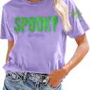 Halloween Shirts Women: Embroidered Spooky Season T Shirt Retro Spooky Graphic Short Sleeve Tops (Purple, M)