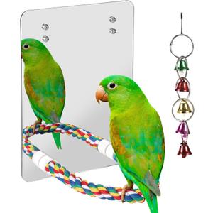10.6" Bird Mirror with Rope Perch Bird Toys Swing, Comfy Perch for Greys Amazons Parakeet Cockatiel Conure Lovebirds Finch Canaries