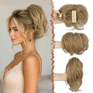 FESHFEN Claw Clip Short Ponytail Extensions - DIY Bendable Metals Fluffy Messy Bun Hair Piece Straight Synthetic Hairpieces Ponytail Extension for Women, Light Brown & Mixed Blonde