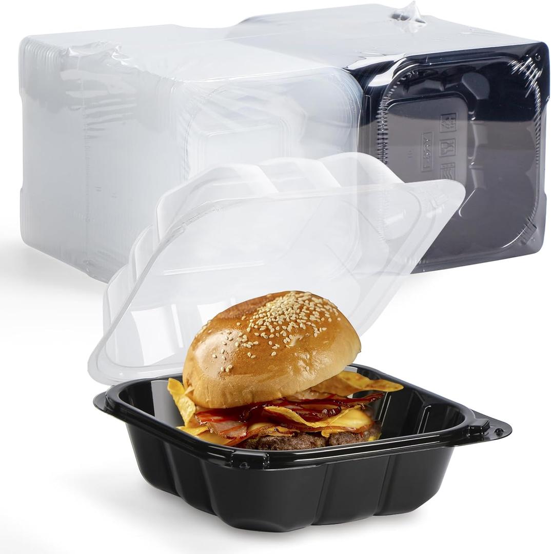 YANGRUI Clamshell Take Out Containers, Reusable Anti-Fog Shrink Wrap 55 Pack 6 x 6 Inch 15 oz Burger Boxes BPA Free Microwave Freezer Safe Plastic Hinged To Go Container
