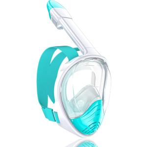 QingSong Full Face Snorkel Mask for Adults, Snorkeling Gear with Camera Mount, 180 Degree Panoramic View Snorkel Set Anti-Fog Anti-Leak (White Blue)