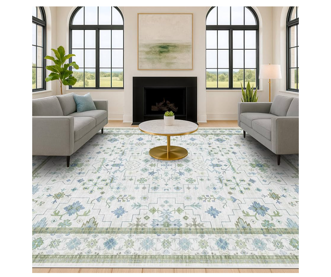 Green Area Rugs 9x12 Living Room - Washable Oriental Geometric, Extra Large for Bedroom Non Slip Soft Faux Wool Carpet for Dining Room Playroom, Lounge - Blue and Green Floral Rug