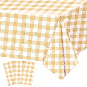 3 Pack Brownish-Yellow and White Gingham Tablecloths, 54 X 108Inch Disposable Party Table Covers Scalloped Brownish-Yellow and White Checkered Tablecloth