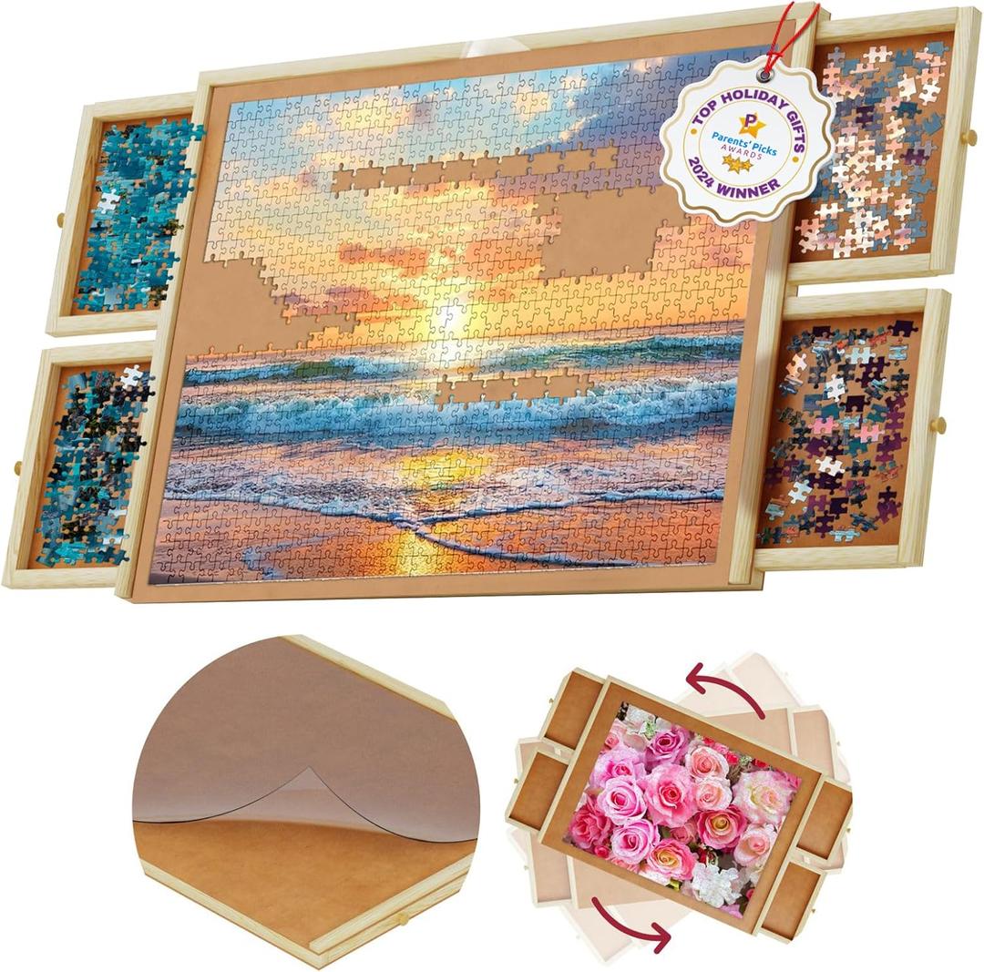 1000 Piece Wooden Jigsaw Puzzle Table - 4 Drawers, Rotating Puzzle Board | 30 X 22 Jigsaw Puzzle Board | Puzzles Cover Included - Portable Puzzle Tables for Adults and Kids by Beyond Innoventions