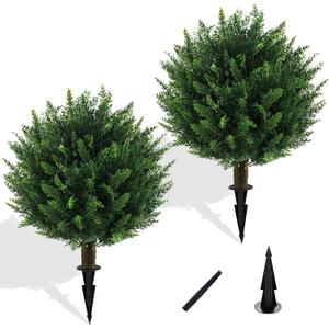 Artificial Cedar Topiary Ball Tree with Ground Spike, Set of 2 UV Resistant Artificial Bushes for Outdoors Faux Shrubs, Weatherproof Fake Round Cypress Ball Bushes Plant for Front Porch