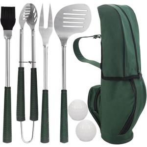 POLIGO 7PCS Golf-Club Style BBQ Tool Set Grilling Tools with Rubber Handle - Stainless Steel Grill Accessories for Outdoor Grill Set Premium Grill Utensils Set Fathers Day Birthday Gifts for Men Green