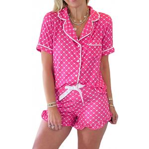 Women 2 Pieces Heart Floral Bow Pajama Sets Button-Down Short Sleeve Shirt Ruffle Short Sleepwear (XL)