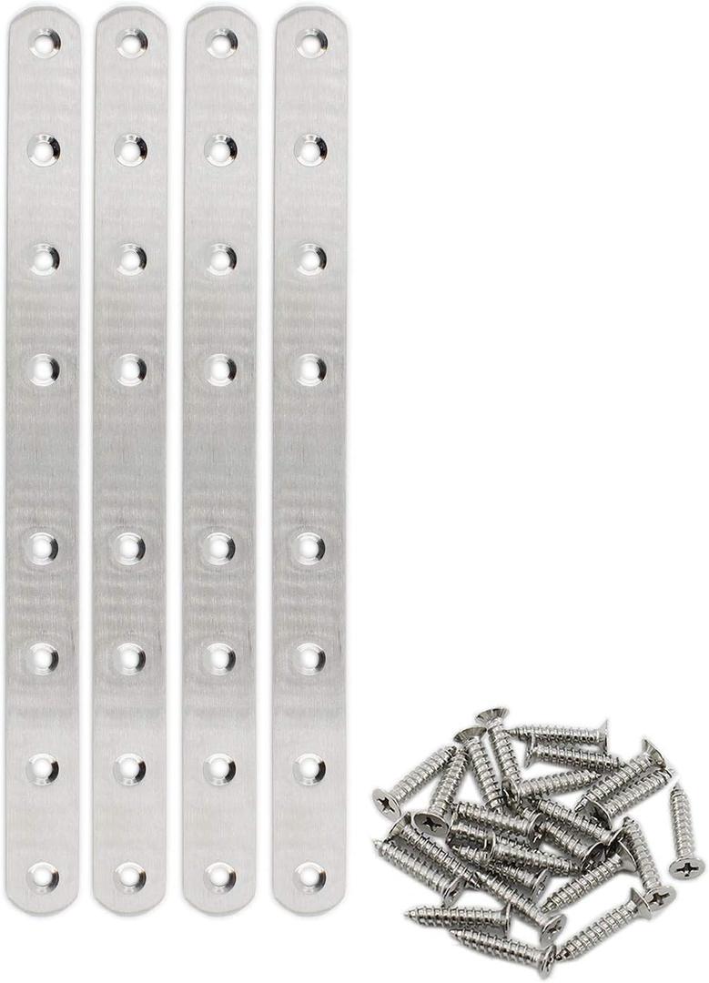 4 Pack Flat Mending Plate for Wood, ULIFESTAR Stainless Steel Straight Brackets 300mm / 12" Length 8 Screw Hole Flat Repair Fixing Wood Brace Joining Plates Connector with Fixing Screws, 2 sets