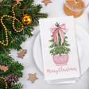 Chinoiserie Christmas Kitchen Towels, Pink Bow Coquette Christmas Tree Dish Towels for Kitchen Bathroom, Pink Christmas Hand Towels for Bathroom Kitchen, Grandmillennial Decor,Set of 2,16x24 Inches
