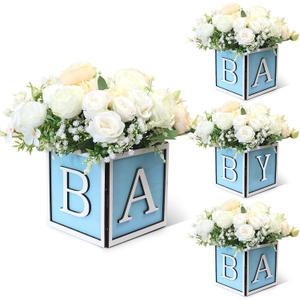 4 Set Baby Shower Centerpieces for Tables - 6 inch Wooden Boxes with Baby Letters Rustic Cube Planter Wood Blocks for Boy Girl Gender Reveal Party Favor (Blue)